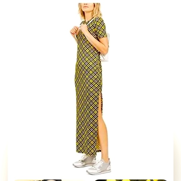 NWT MICHAEL KORS Yellow Plaid Maxi Dress Side Slit  Size P/S - Picture 1 of 3